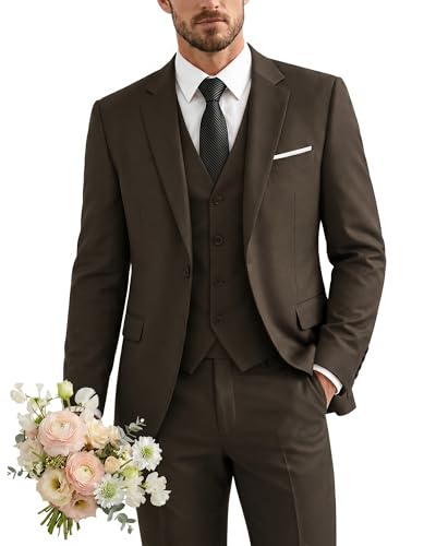 Men's 3 Piece Suit with Tie, One Button Solid Jacket Vest and Pants, Chocolate