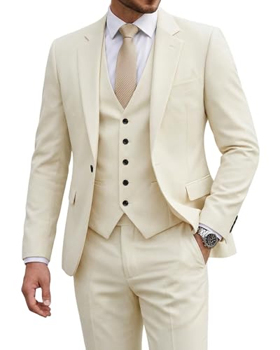 Men's 3 Piece Suit with Tie, One Button Solid Jacket Vest and Pants, Cream (529)