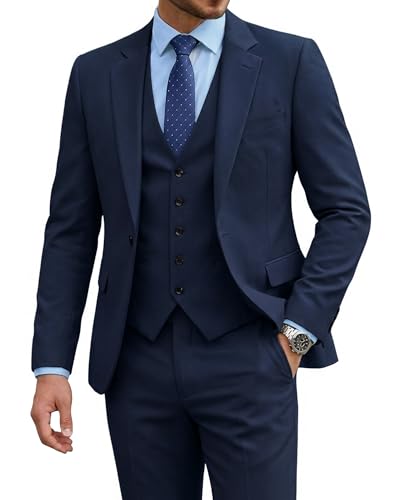 Men's 3 Piece Suit with Tie, One Button Solid Jacket Vest and Pants, Dark Blue