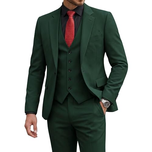 Men's 3 Piece Suit with Tie, One Button Solid Jacket Vest and Pants, Dark Green