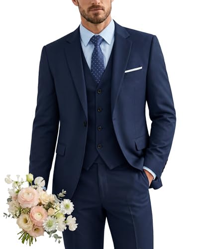 Men's 3 Piece Suit with Tie, One Button Solid Jacket Vest and Pants, Deep Blue