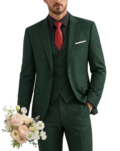 Men's 3 Piece Suit with Tie, One Button Solid Jacket Vest and Pants, Deep Green