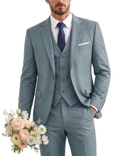 Men's 3 Piece Suit with Tie, One Button Solid Jacket Vest and Pants, Grey Blue