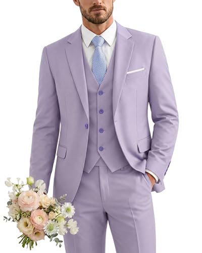 Men's 3 Piece Suit with Tie, One Button Solid Jacket Vest and Pants, Lavender