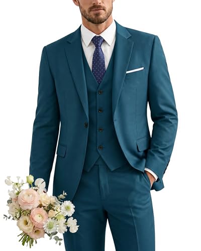 Men's 3 Piece Suit with Tie, One Button Solid Jacket Vest and Pants, Light Blue
