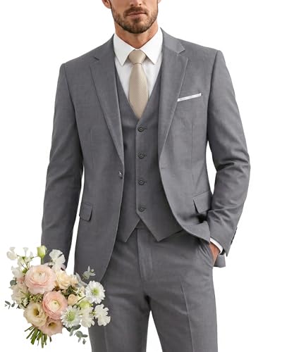 Men's 3 Piece Suit with Tie, One Button Solid Jacket Vest and Pants, Light Grey