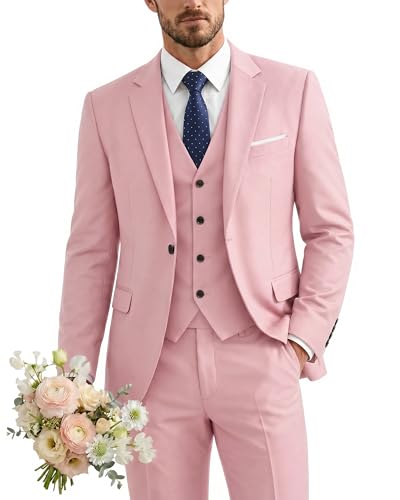Men's 3 Piece Suit with Tie, One Button Solid Jacket Vest and Pants, Light Pink