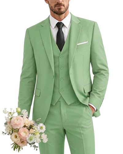 Men's 3 Piece Suit with Tie, One Button Solid Jacket Vest and Pants, Sage Green
