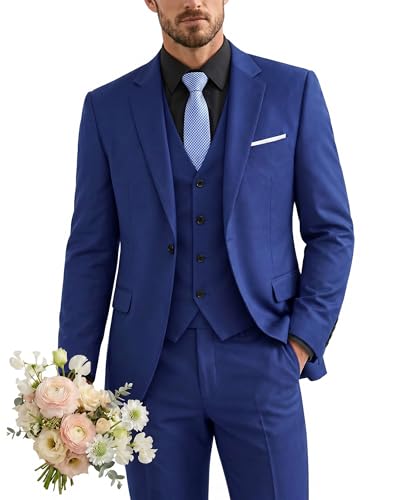Men's 3 Piece Suit with Tie, One Button Solid Jacket Vest and Pants, Sapphire