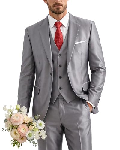 Men's 3 Piece Suit with Tie, One Button Solid Jacket Vest and Pants, Silver Grey