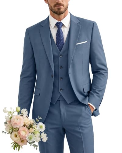 Men's 3 Piece Suit with Tie, One Button Solid Jacket Vest and Pants, Smoky Blue
