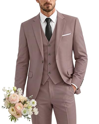 Men's 3 Piece Suit with Tie, One Button Solid Jacket Vest and Pants, Smoky Pink