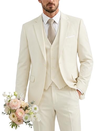 Men's 3 Piece Suit with Tie, One Button Solid Jacket Vest and Pants, Cream