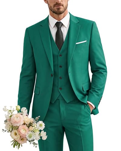 Men's 3 Piece Suit with Tie, One Button Solid Jacket Vest and Pants, Green