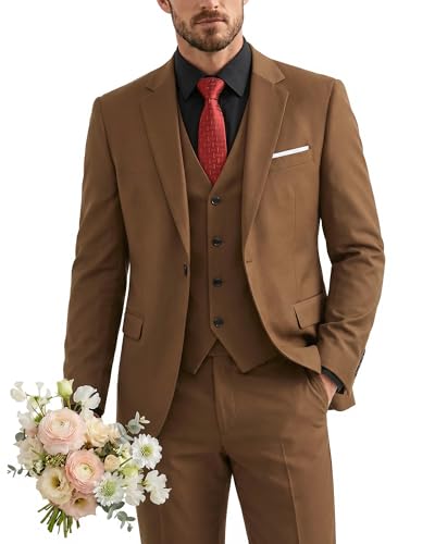 Men's 3 Piece Suit with Tie, One Button Solid Jacket Vest and Pants, Khaki