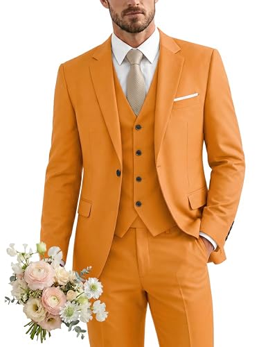 Men's 3 Piece Suit with Tie, One Button Solid Jacket Vest and Pants, Orange