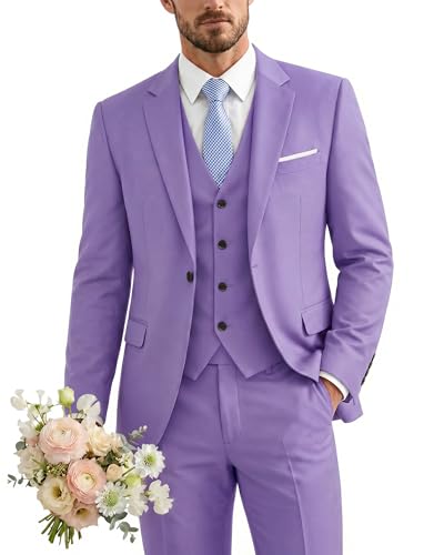 Men's 3 Piece Suit with Tie, One Button Solid Jacket Vest and Pants, Purple