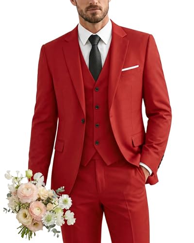 Men's 3 Piece Suit with Tie, One Button Solid Jacket Vest and Pants, Red