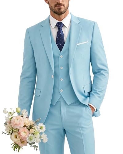Men's 3 Piece Suit with Tie, One Button Solid Jacket Vest and Pants, Sky