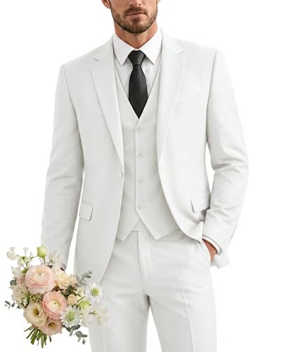 Men's 3 Piece Suit with Tie, One Button Solid Jacket Vest and Pants, White