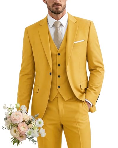 Men's 3 Piece Suit with Tie, One Button Solid Jacket Vest and Pants, Yellow