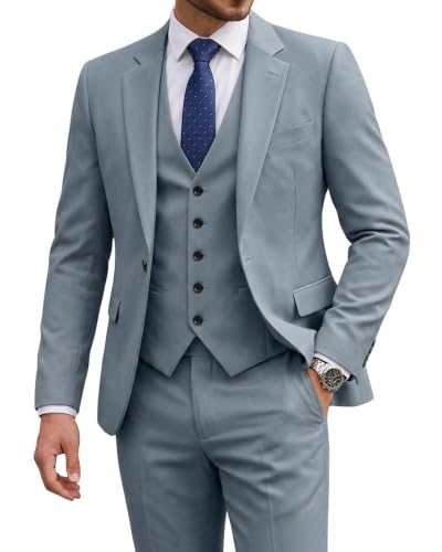 Men's 3 Piece Suit with Tie, One Button Solid Jacket Vest and Pants, Grey Blue (529)