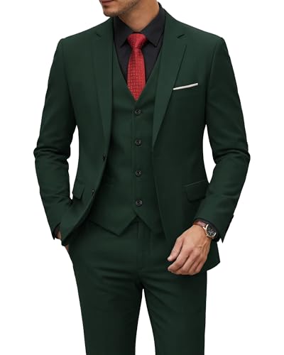Men's 3 Piece Suit with Tie, Solid Color Slim Fit Jacket Vest and Pants, Deep Green