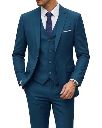 Men's 3 Piece Suit with Tie, Solid Color Slim Fit Jacket Vest and Pants, Light Blue