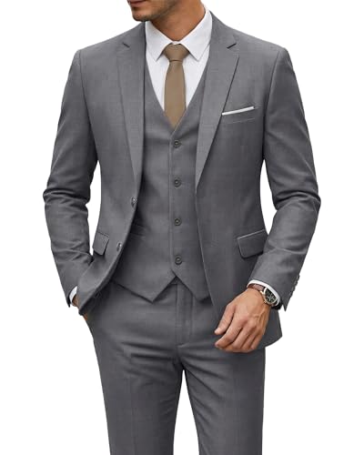Men's 3 Piece Suit with Tie, Solid Color Slim Fit Jacket Vest and Pants, Light Grey