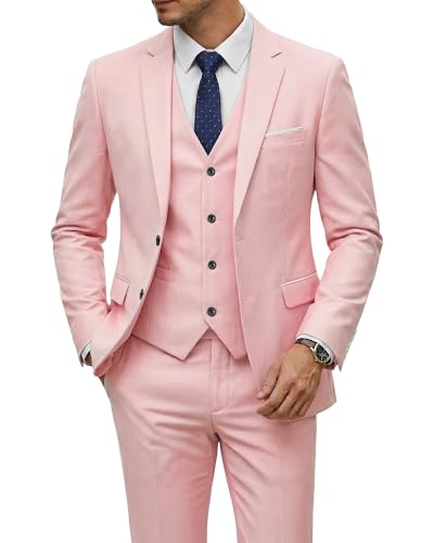Men's 3 Piece Suit with Tie, Solid Color Slim Fit Jacket Vest and Pants, Light Pink