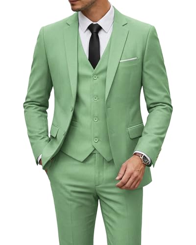 Men's 3 Piece Suit with Tie, Solid Color Slim Fit Jacket Vest and Pants, Sage Green