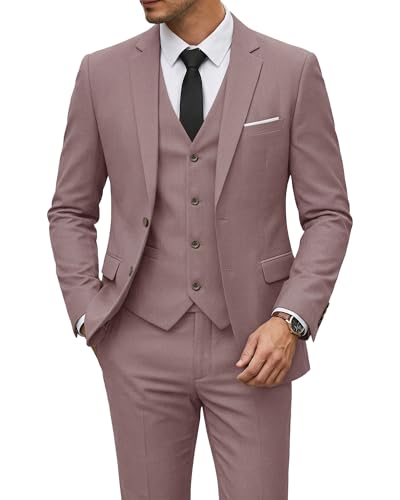 Men's 3 Piece Suit with Tie, Solid Color Slim Fit Jacket Vest and Pants, Smoky Pink