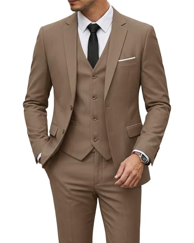 Men's 3 Piece Suit with Tie, Solid Color Slim Fit Jacket Vest and Pants, Camel Brown