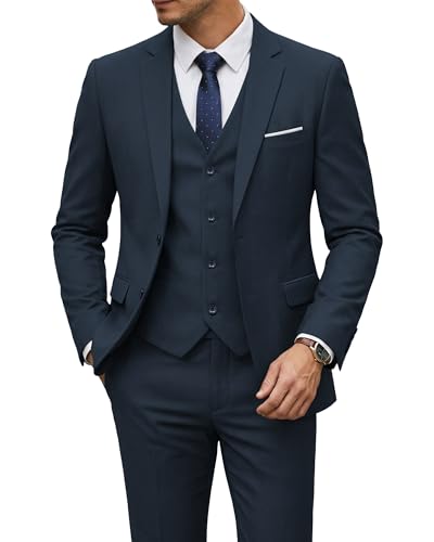 Men's 3 Piece Suit with Tie, Solid Color Slim Fit Jacket Vest and Pants, Carbon Blue