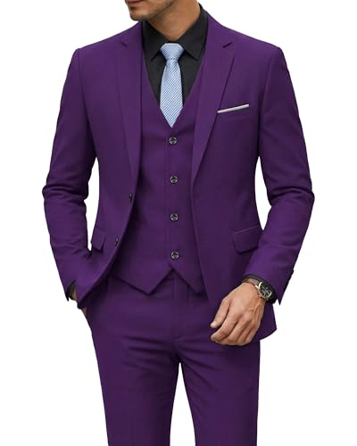 Men's 3 Piece Suit with Tie, Solid Color Slim Fit Jacket Vest and Pants, Deep Purple