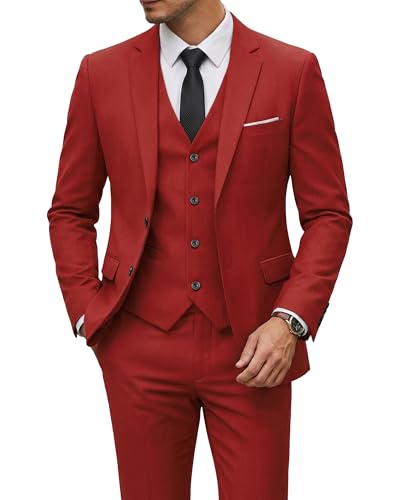 Men's 3 Piece Suit with Tie, Solid Color Slim Fit Jacket Vest and Pants, Red