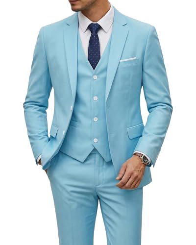 Men's 3 Piece Suit with Tie, Solid Color Slim Fit Jacket Vest and Pants, Sky