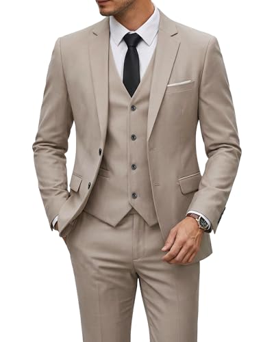 Men's 3 Piece Suit with Tie, Solid Color Slim Fit Jacket Vest and Pants, Beige