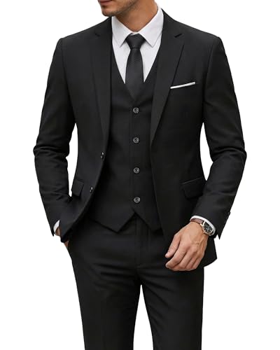 Men's 3 Piece Suit with Tie, Solid Color Slim Fit Jacket Vest and Pants, Black