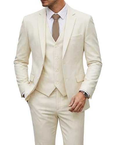 Men's 3 Piece Suit with Tie, Solid Color Slim Fit Jacket Vest and Pants, Cream