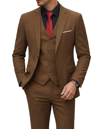 Men's 3 Piece Suit with Tie, Solid Color Slim Fit Jacket Vest and Pants, Khaki