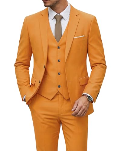 Men's 3 Piece Suit with Tie, Solid Color Slim Fit Jacket Vest and Pants, Orange