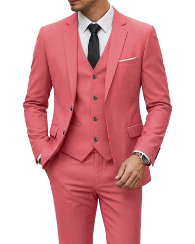 Men's 3 Piece Suit with Tie, Solid Color Slim Fit Jacket Vest and Pants, Pink