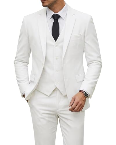 Men's 3 Piece Suit with Tie, Solid Color Slim Fit Jacket Vest and Pants, White