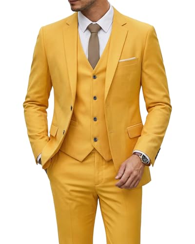 Men's 3 Piece Suit with Tie, Solid Color Slim Fit Jacket Vest and Pants, Yellow
