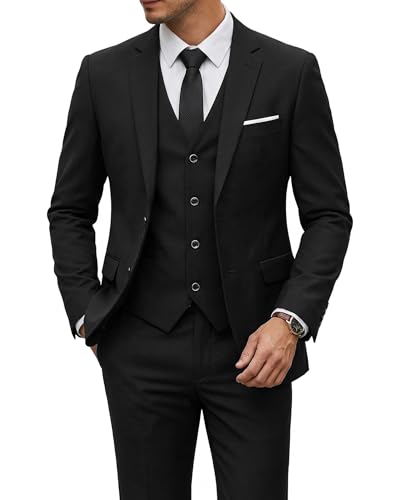 Men's 3 Piece Suit with Tie, Solid Color Slim Fit Jacket Vest and Pants, Midnight Black