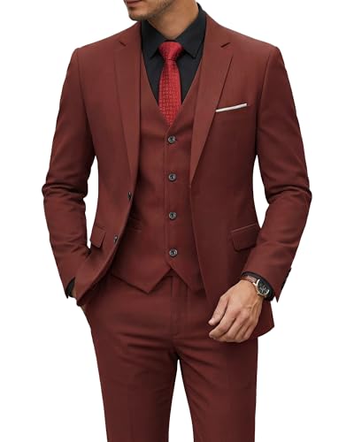 Men's 3 Piece Suit with Tie, Solid Color Slim Fit Jacket Vest and Pants, Brick Red