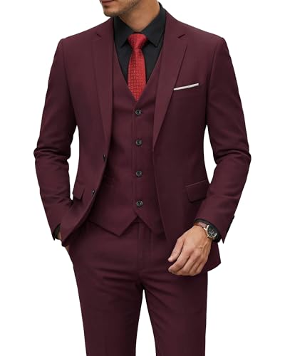 Men's 3 Piece Suit with Tie, Solid Color Slim Fit Jacket Vest and Pants, Burgundy