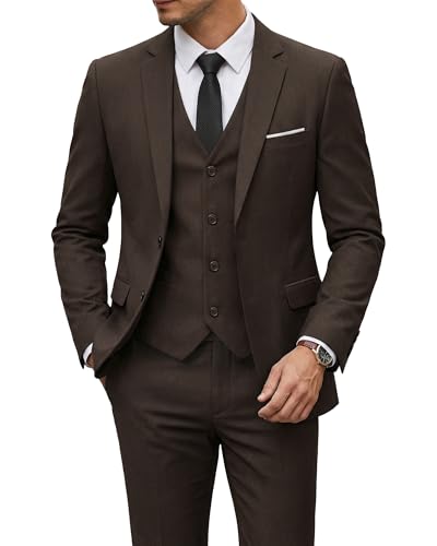Men's 3 Piece Suit with Tie, Solid Color Slim Fit Jacket Vest and Pants, Chocolate