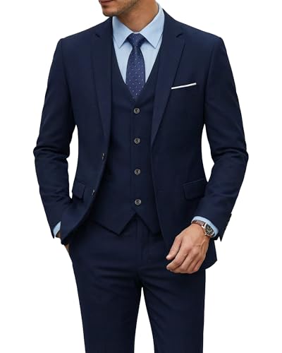 Men's 3 Piece Suit with Tie, Solid Color Slim Fit Jacket Vest and Pants, Deep Blue